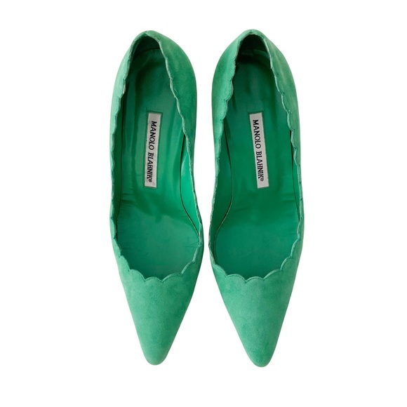Manolo Blahnik Srilasca Suede Mint Green Scalloped Kitten Heel 36.6 6.5 - Picture 2 of 7